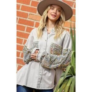 Fantastic Fawn Women’s Small Light Gray Sequin Shacket Oversized Jacket